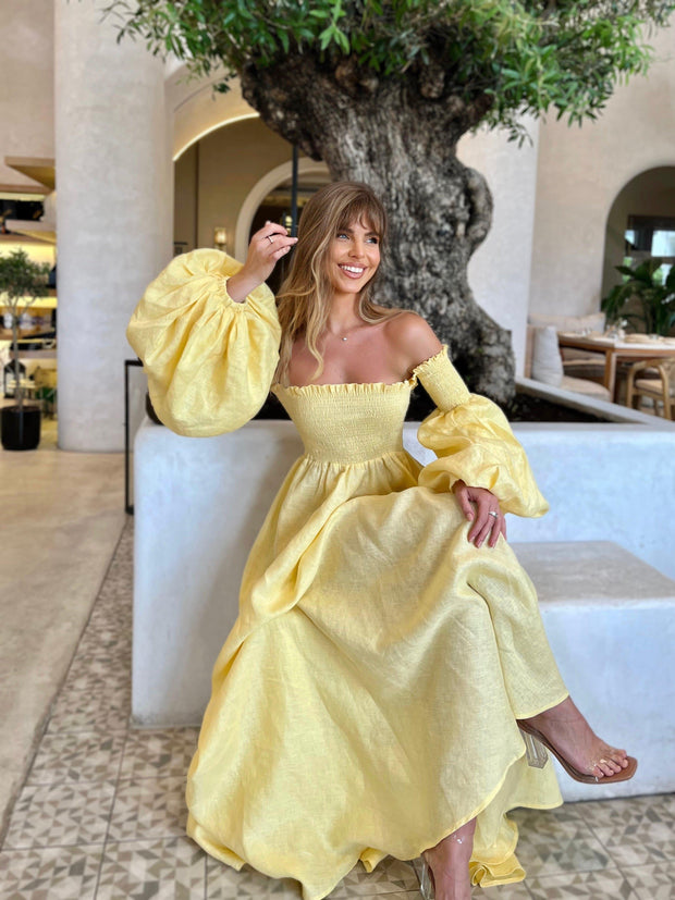 Faye 100% LINEN Maxi Dress - yellow - FAYE by Fashionist 