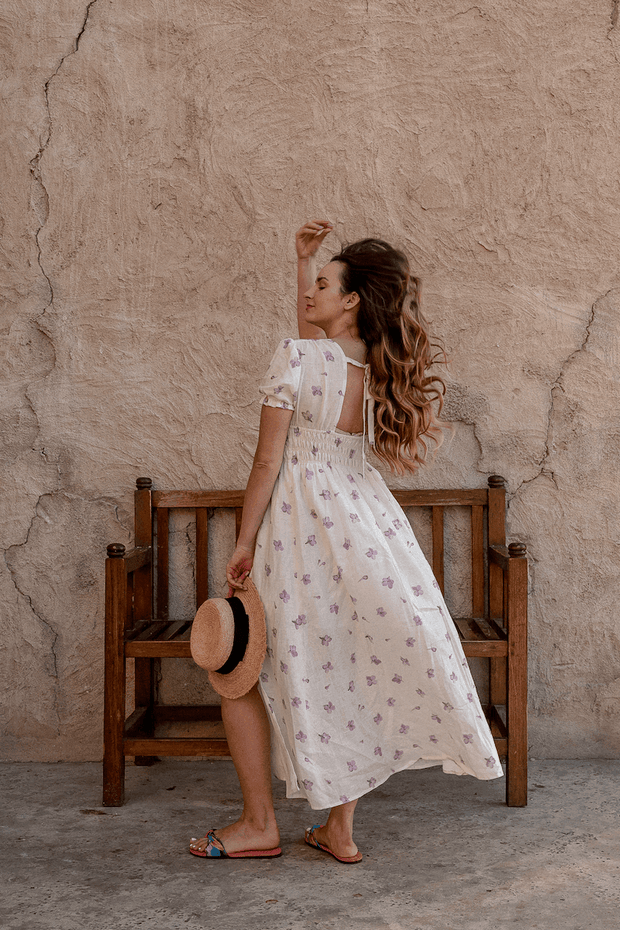 Rosaline Linen Lavender Flowers Midi Dress - Fashionist