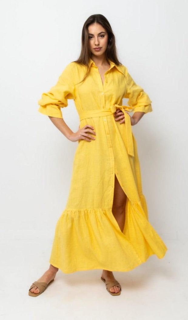 LINEN MAXI SHIRT DRESS (YELLOW) - Fashionist