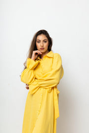 LINEN MAXI SHIRT DRESS (YELLOW) - Fashionist