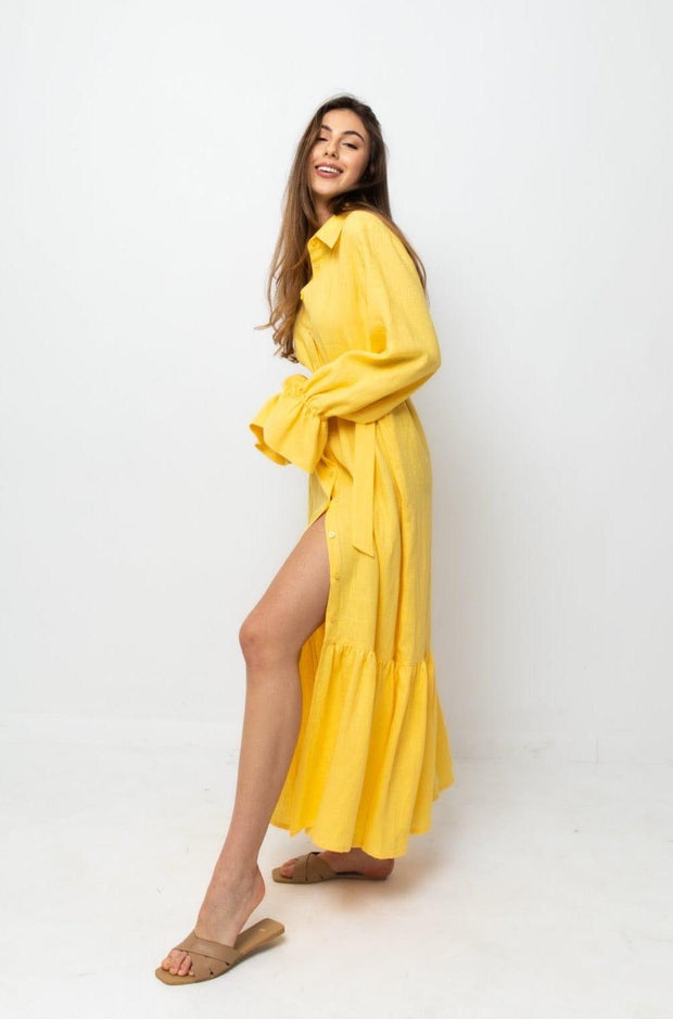 LINEN MAXI SHIRT DRESS (YELLOW) - Fashionist