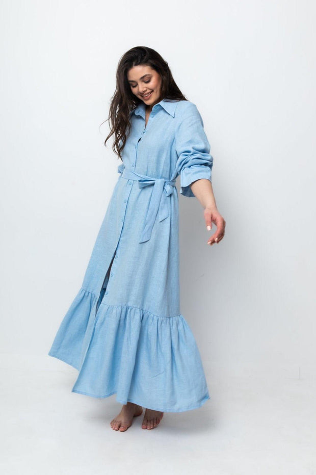 LINEN MAXI SHIRT DRESS (BABY BLUE) - Fashionist