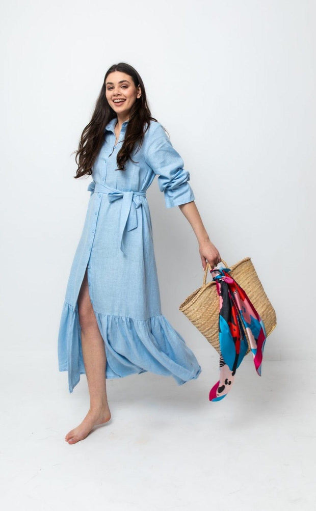 LINEN MAXI SHIRT DRESS (BABY BLUE) - Fashionist